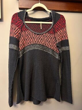 Free People Geometric Print Hooded Knit Sweater Wool Blend Grey Size XS